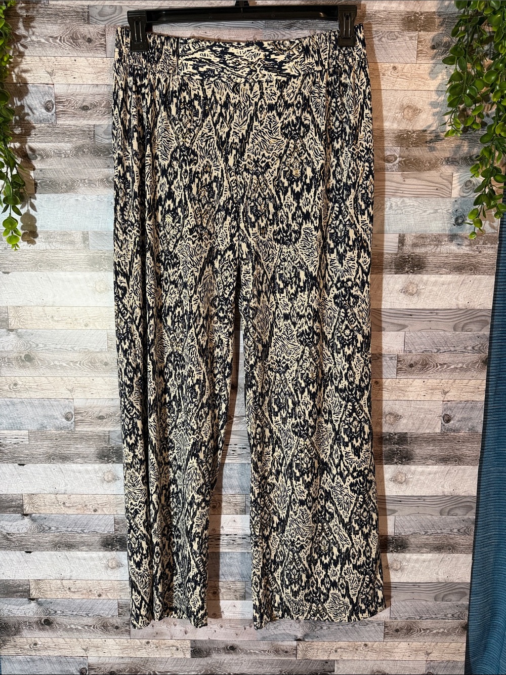 Wide Leg Printed Women’s Pants - Blue & Cream with Gold Accent